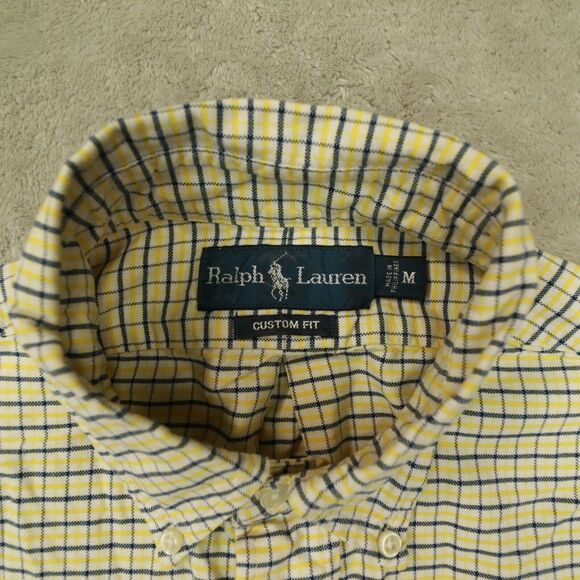 Ralph Lauren Vintage Custom Fit Yellow Navy Check Button Up Shirt size Medium - Picture 2 of 8
